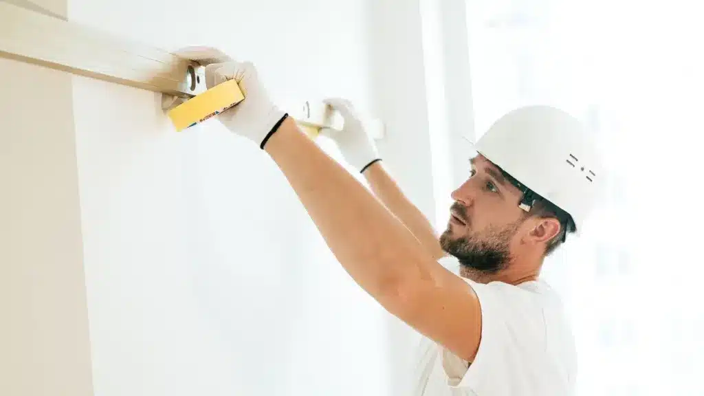 Zzp'er in de bouw meet met een waterpas een wand op bij een klant thuis