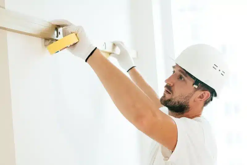 Zzp'er in de bouw meet met een waterpas een wand op bij een klant thuis