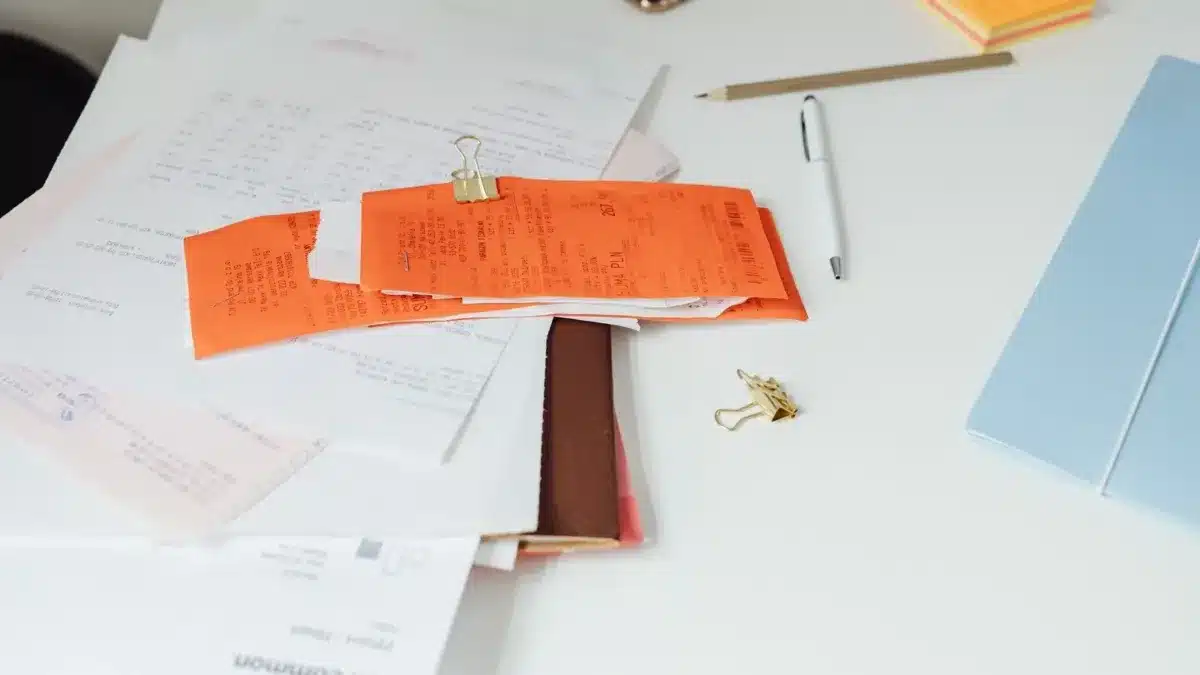 Bureau met facturen, bonnetjes en documenten klaar voor de btw-aangifte van een zzp'er