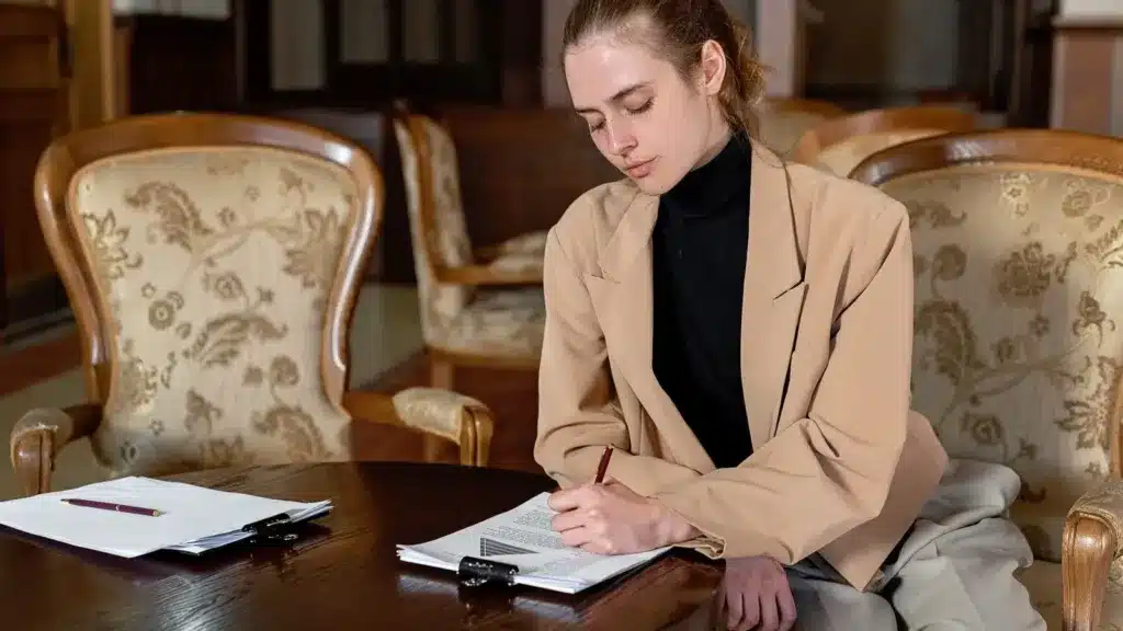 Ondernemer ondertekent documenten aan tafel bij de keuze tussen eenmanszaak of bv